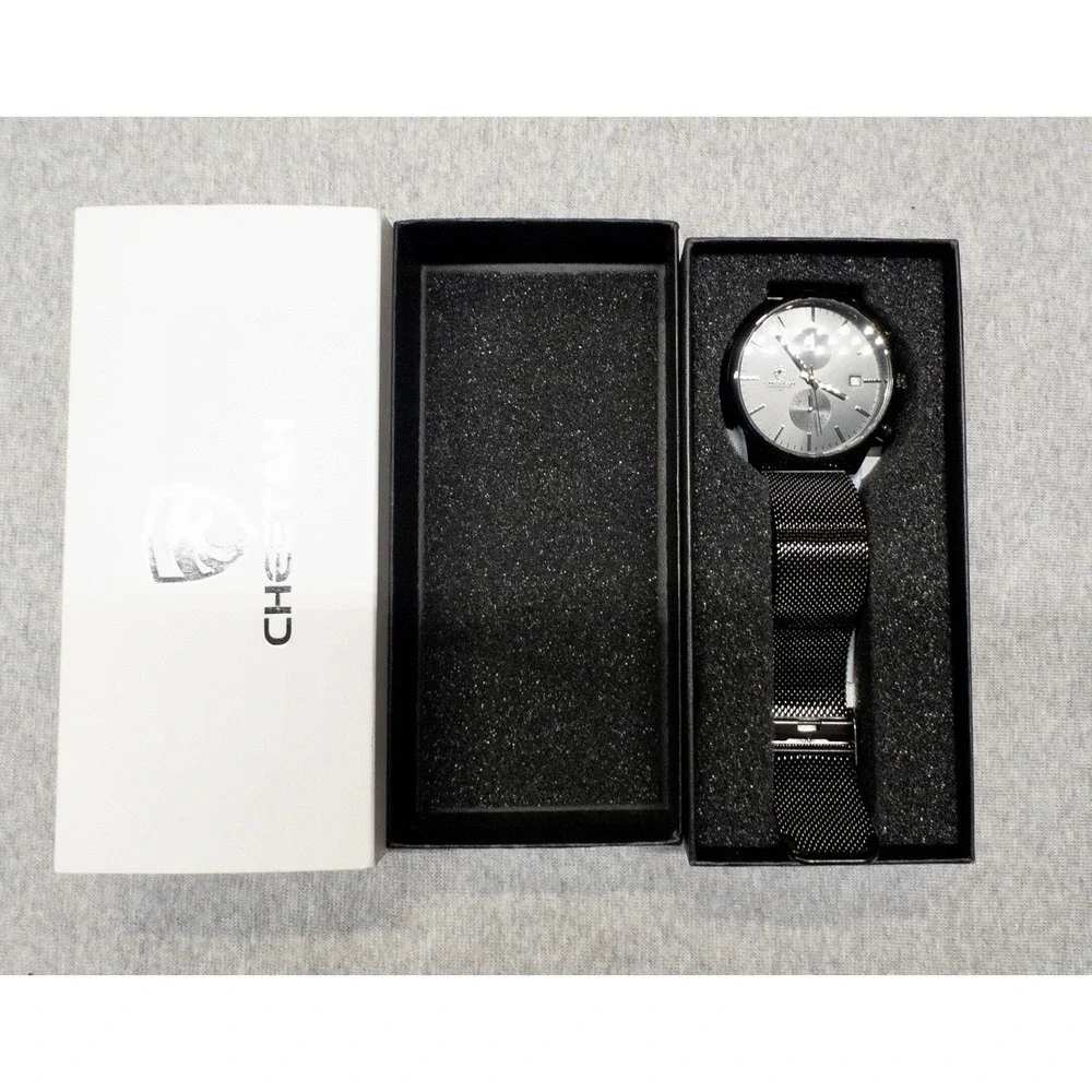 NIB Cheetah CH-1604 Mens Sport Black Mesh Stainless Steel Chronograph Watch 42mm